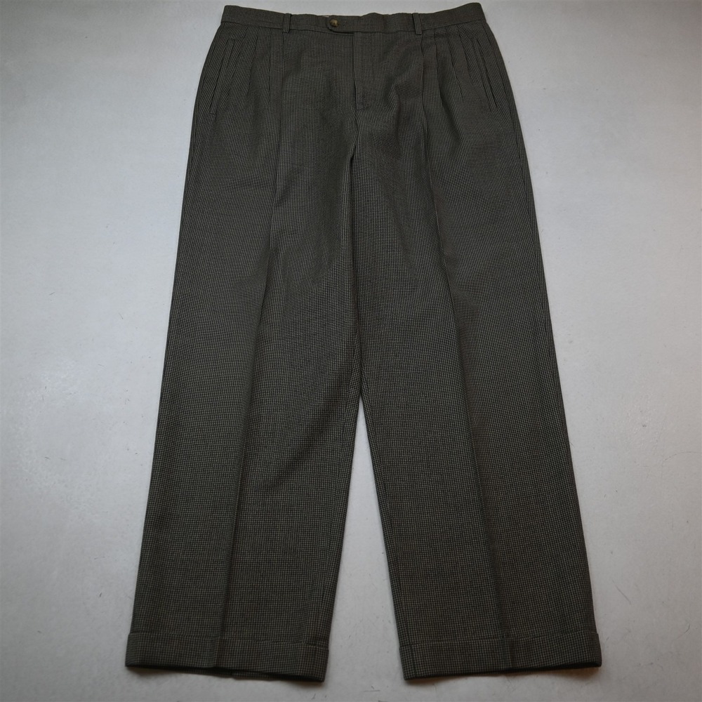 Vtg Italy Zanella 34x30 Brown Houndstooth 100% Wool Flannel Pleated Baggy Pants